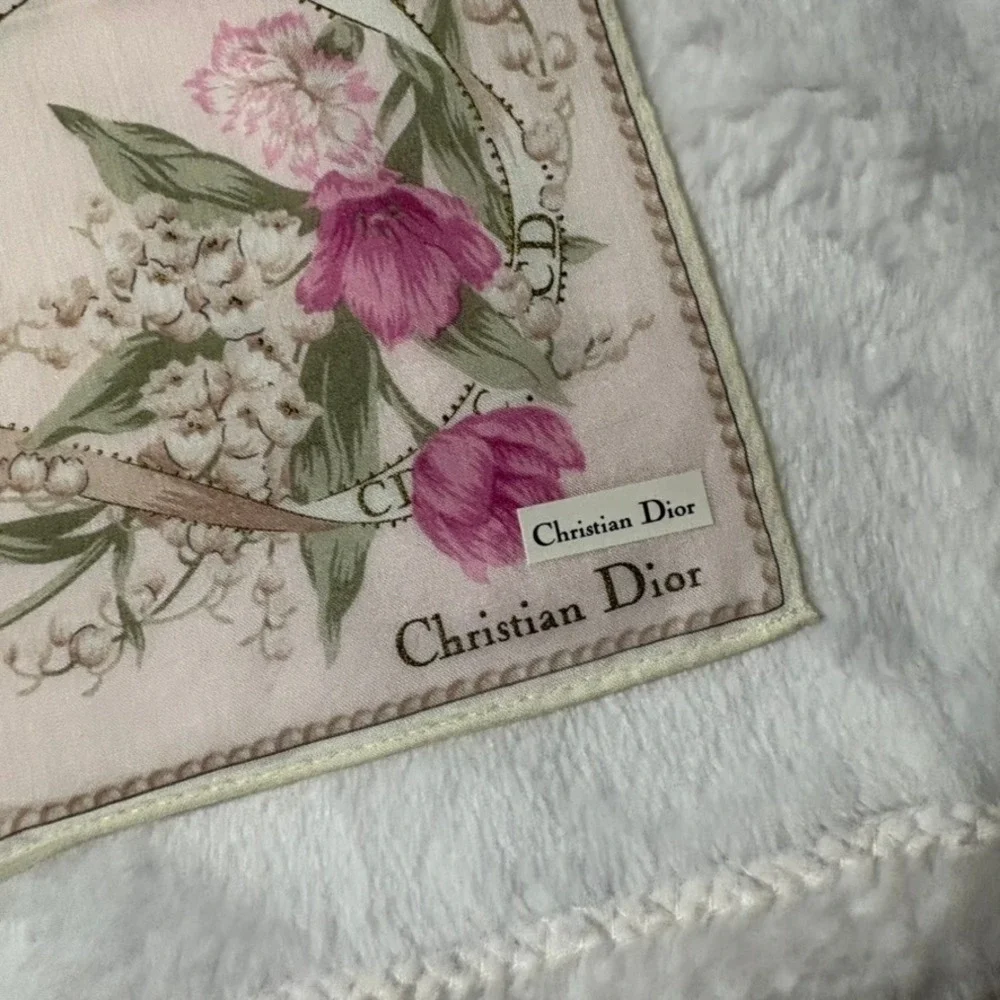 Vtg CHRISTIAN DIOR Scarf Handkerchief Floral Logo Cotton Pink 19